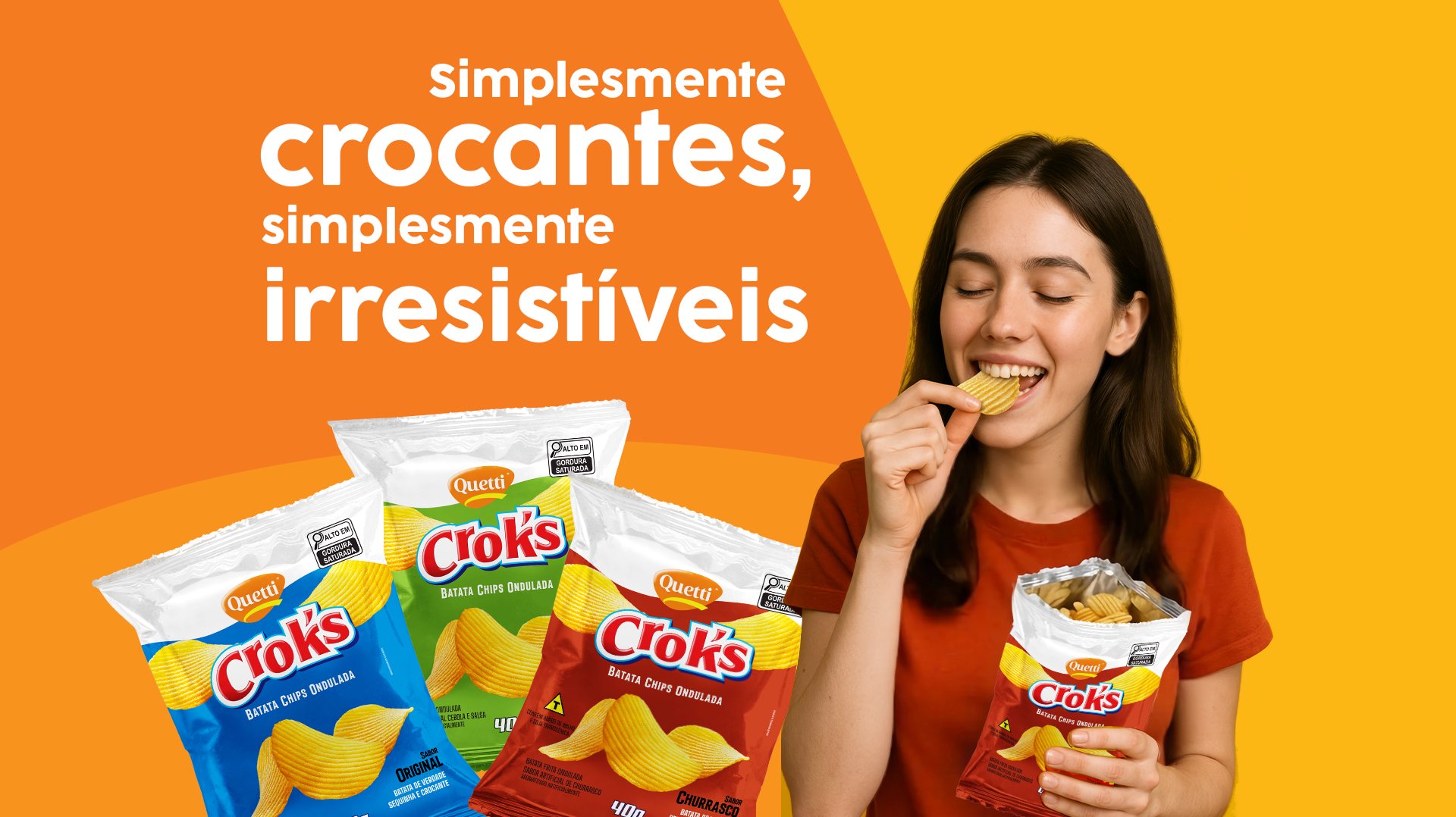Simplesmente crocantes, simplesmente irresistíveis: batata chips ondulada Croks nos sabores Original, Cebola e Salsa e Churrasco.